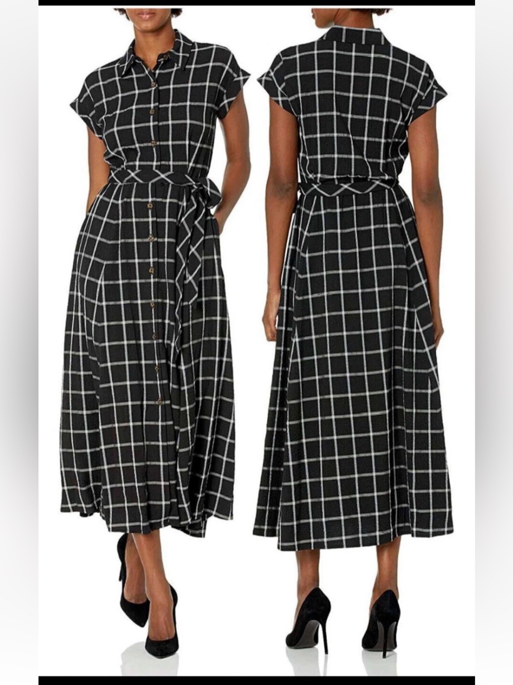 Calvin Klein Dress Womens Size 10 Windowpane Midi Button Shirtdress Belted B&W